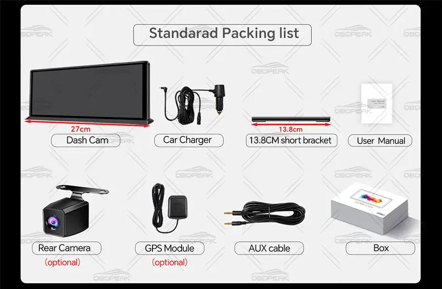 OBDPEAK K8 Pro dash cam 8-item packing: dash cam, car charger, 13.8cm bracket, rear camera, GPS module, AUX cable