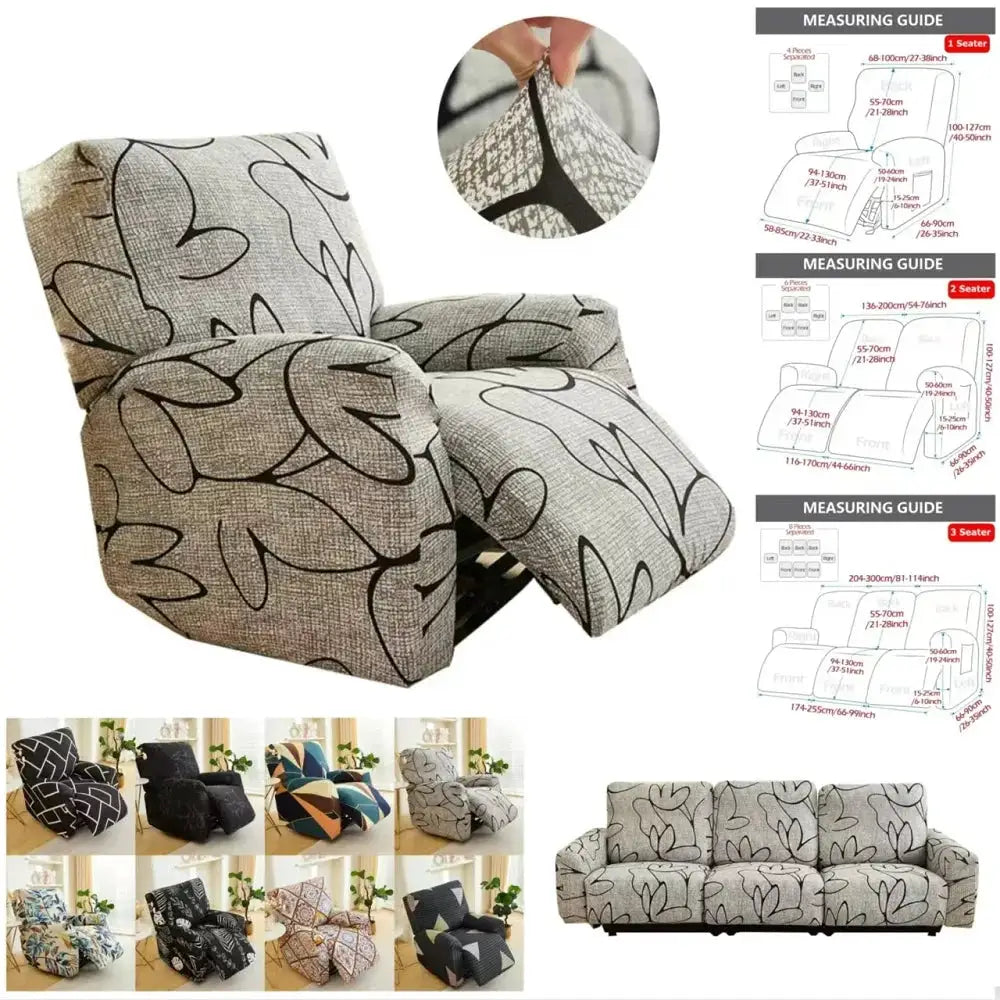 Elastic recliner sofa cover by Simples Market; light gray printed slipcover with abstract leaf pattern