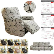 Elastic recliner sofa cover by Simples Market; light gray printed slipcover with abstract leaf pattern