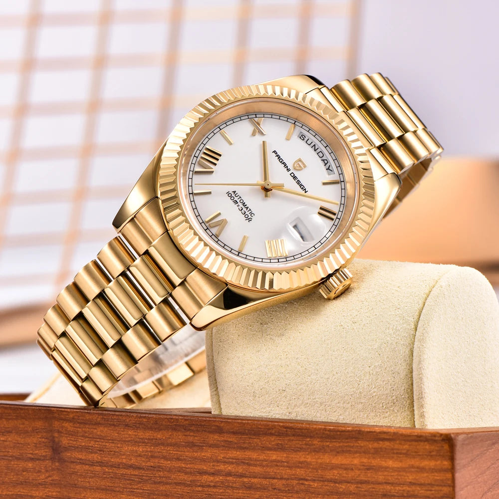 Pagani Design automatic men's wristwatch with gold-tone bracelet, white dial, day-date window.