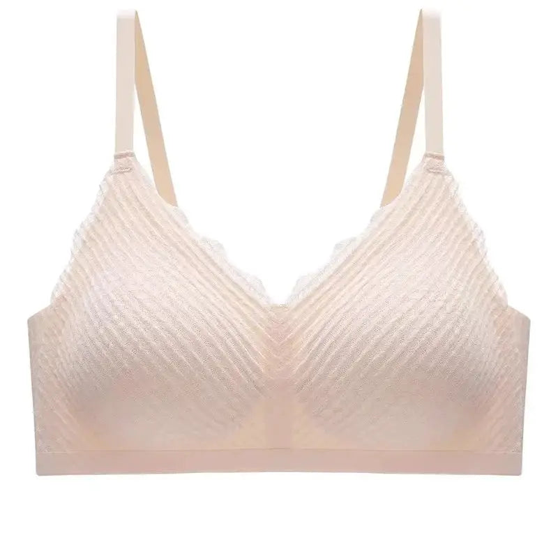 Lace seamless bra in nude beige, bralette-style with thin straps and non-slip wide band