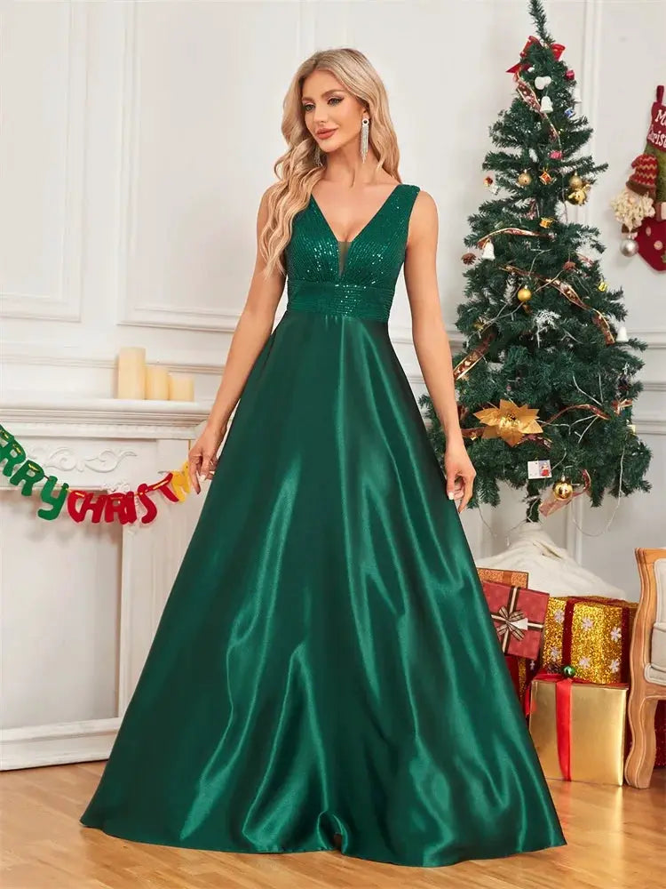 Emerald Green Sequin Evening Dress V Neck Satin Prom Floor Length
