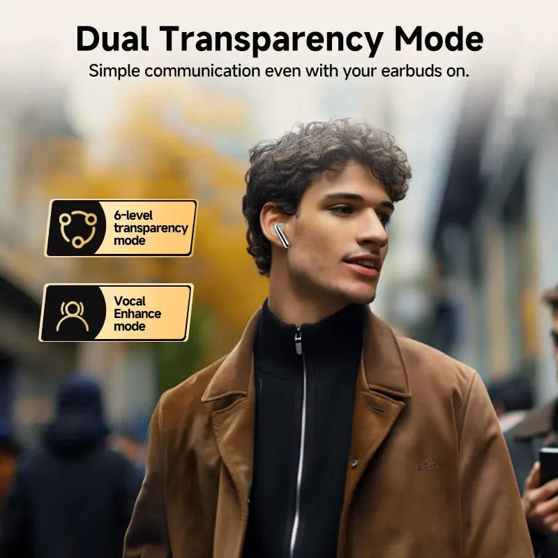 QCY MeloBuds Pro ANC wireless earbuds; Simples Market, worn outdoors with 6-level transparency and Vocal Enhance mode