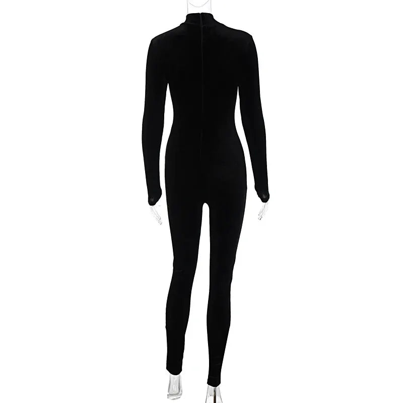 Simples Market Dulzura velvet jumpsuit, black long-sleeve back-zip bodycon romper