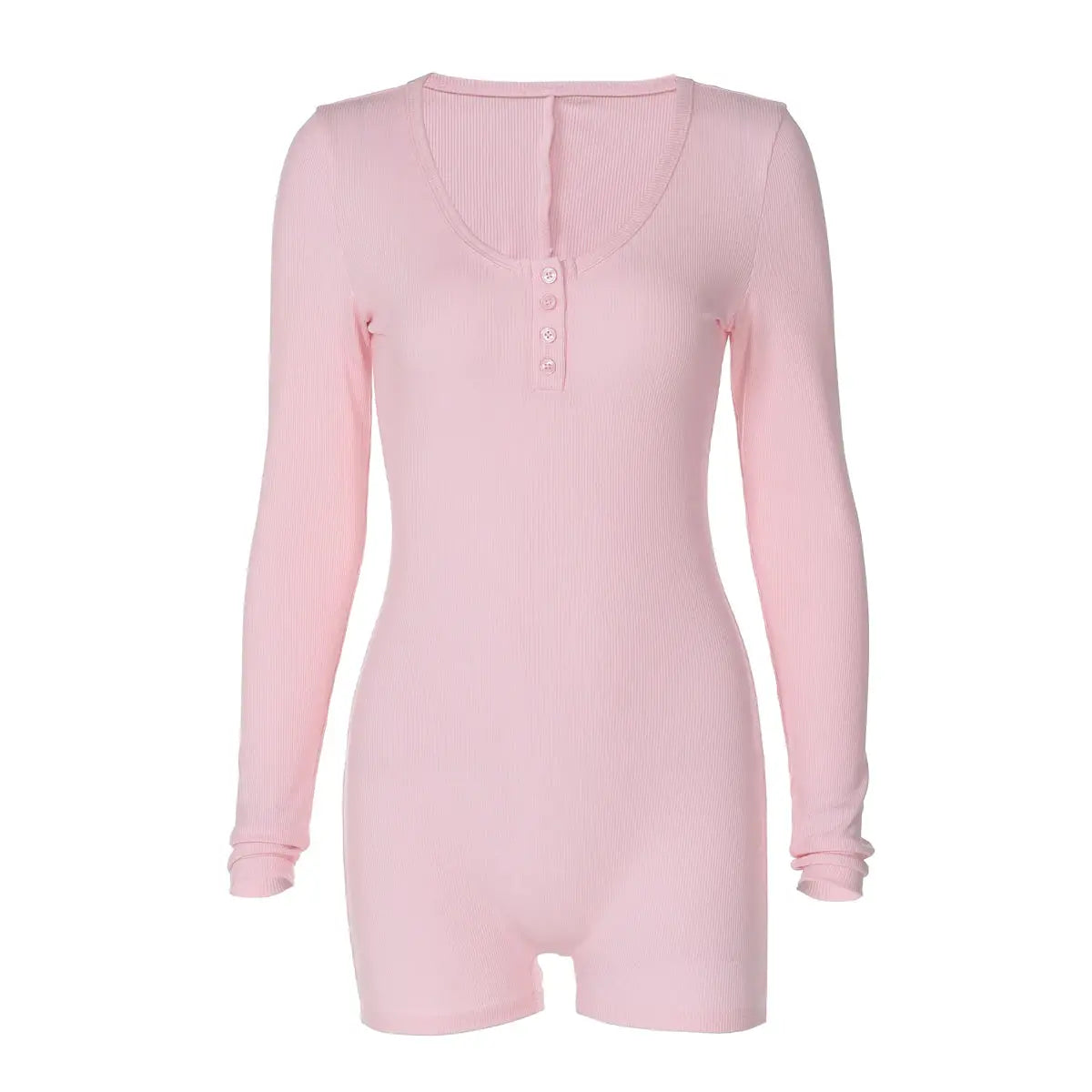 Hugcitar pink ribbed square-collar long-sleeve romper with button placket.
