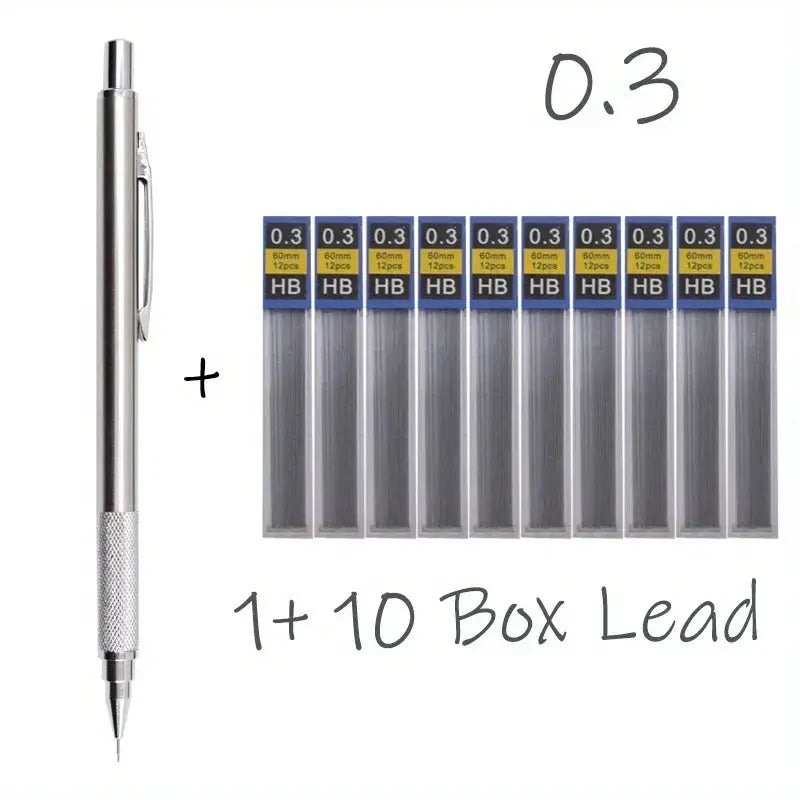 Simples Market all-metal mechanical pencil with 0.3 lead, retractable; includes 1 pencil + 10 boxes HB 0.3 lead refills