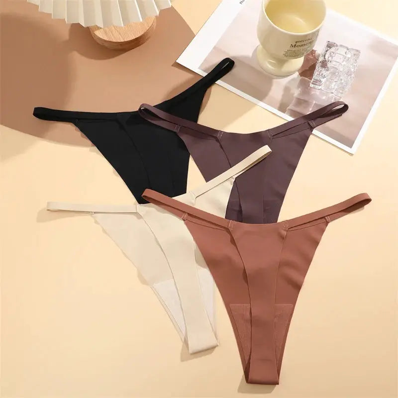 4-piece seamless ultra-thin thong underwear set in black, plum, beige, and brown