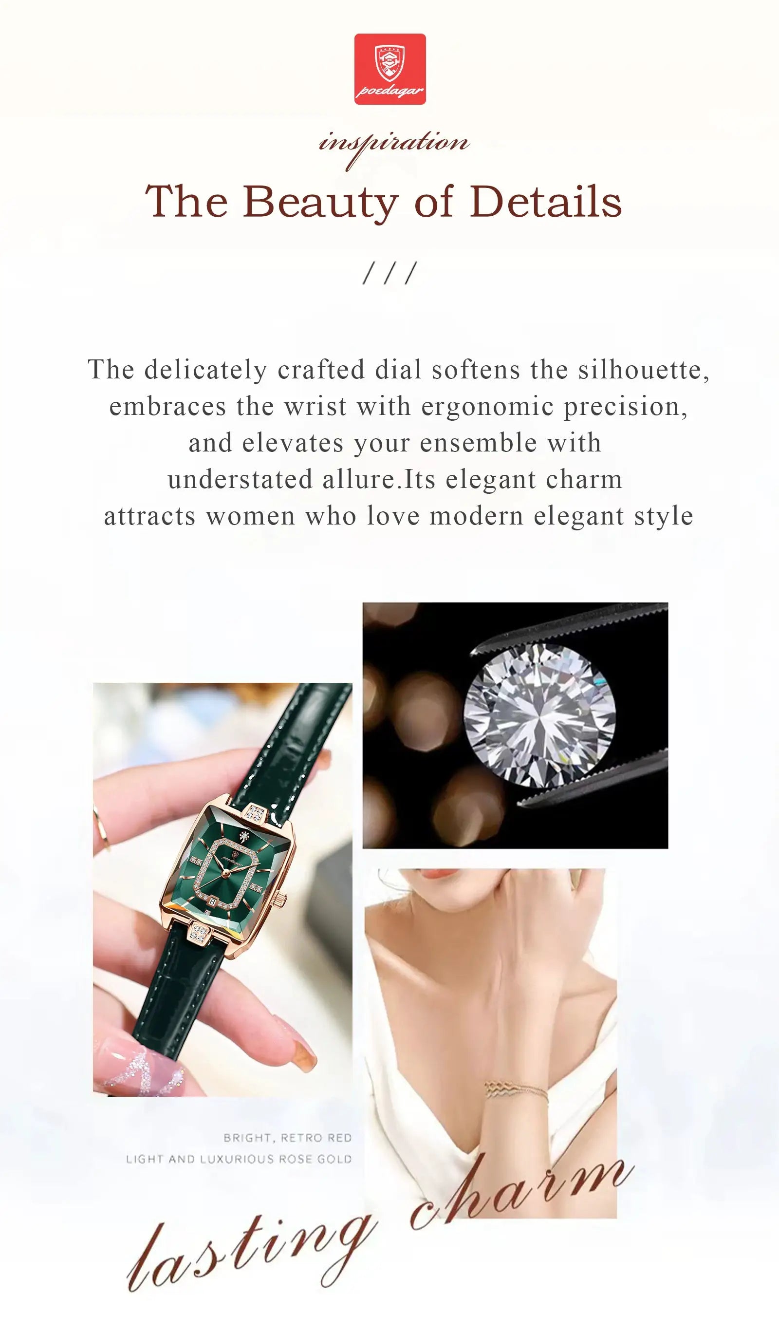 POEDAGAR luxury women's wristwatch with green dial and green leather strap