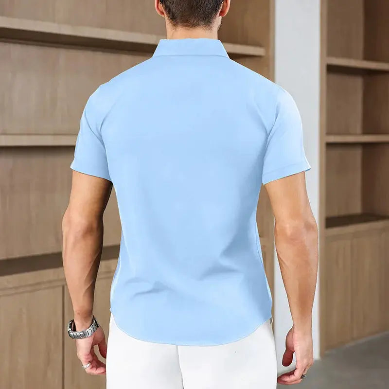Simples Market men's light blue short-sleeve business casual shirt, solid color, no-iron summer top