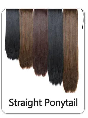 Straight ponytail hair extensions in multiple colors (black, brown, burgundy)