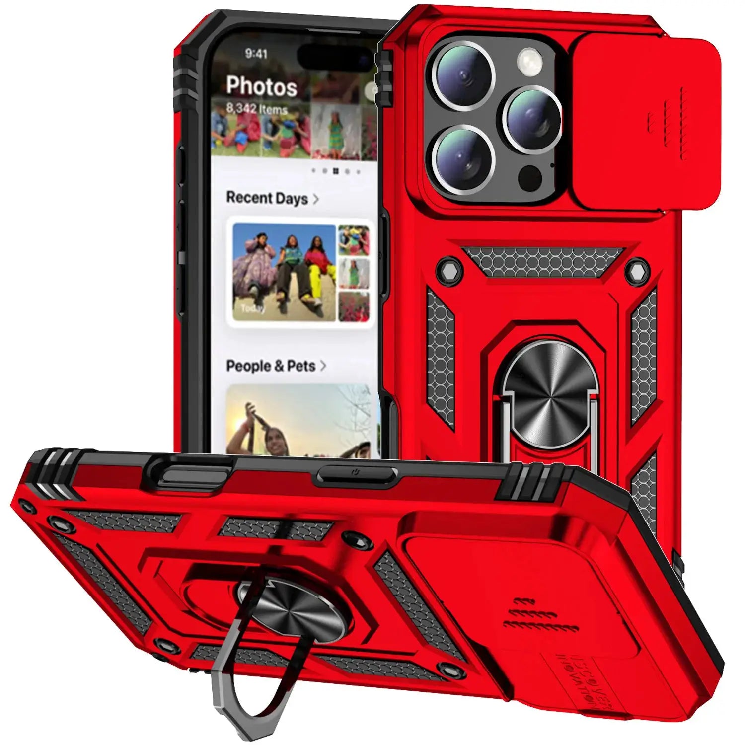 Ring-stand armor case for iPhone by Simples Market; red rugged bumper with rotating kickstand and triple-camera cutout.