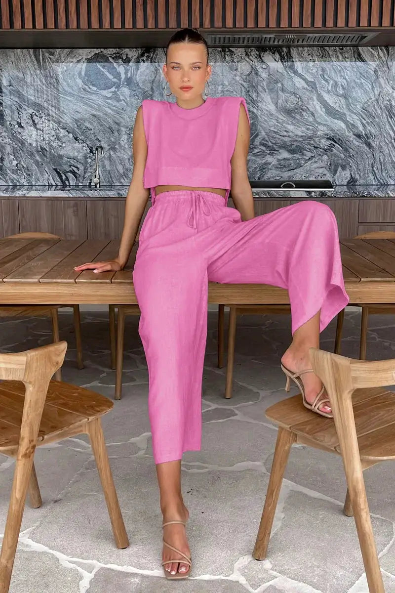 Linen Two Piece Pant Set With Crop Top For Women Spring Summer 2025