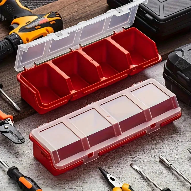 Two red plastic multi-compartment organizer boxes with clear lids for screws and small parts.