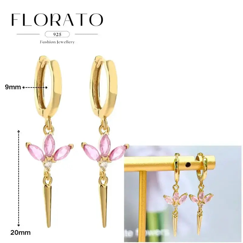 Florato 925 gold-tone hoop earrings with pink zircon flower pendants and gold drops, 20mm length