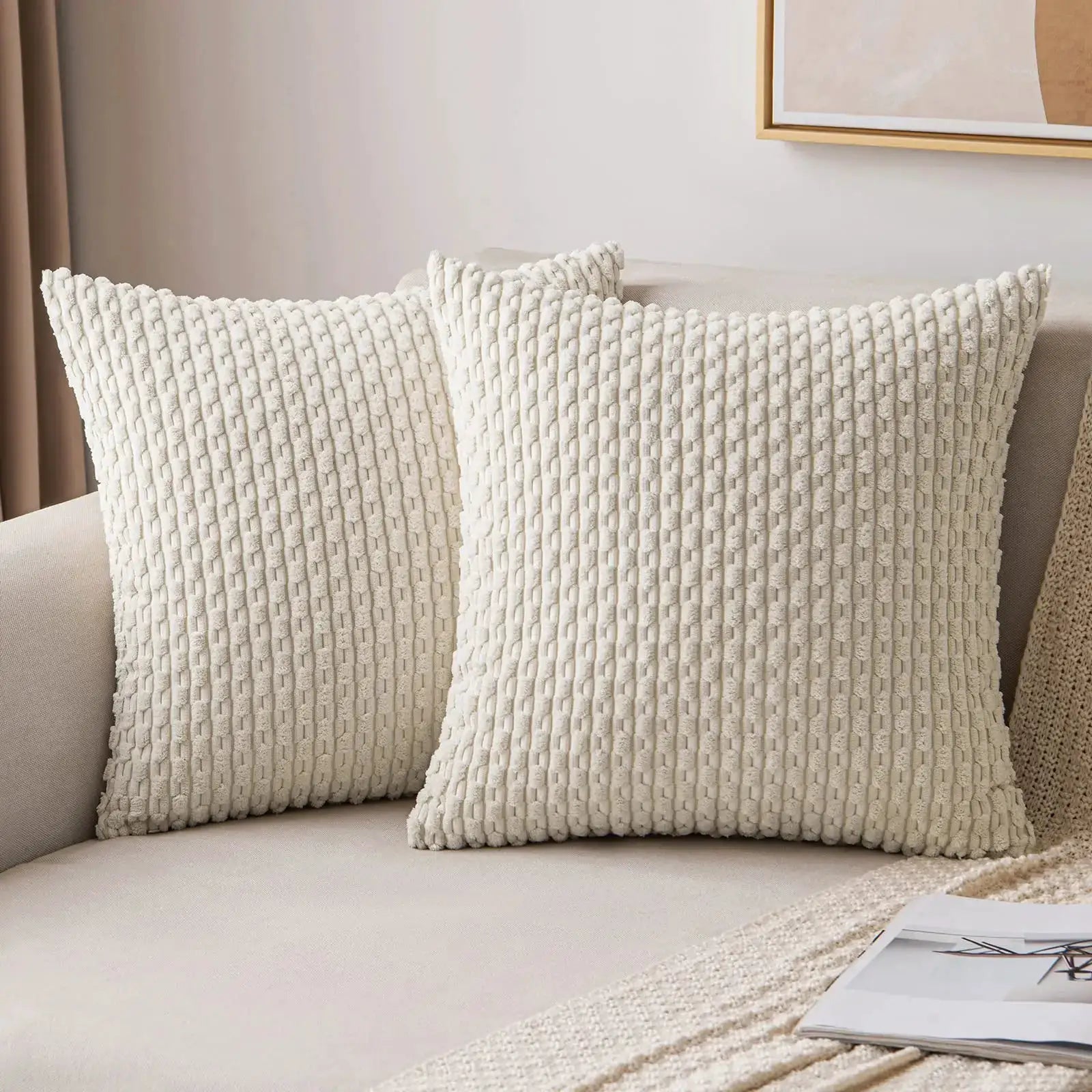 Cream corduroy striped throw pillow covers, pair, square 20x20 inches, farmhouse boho decor