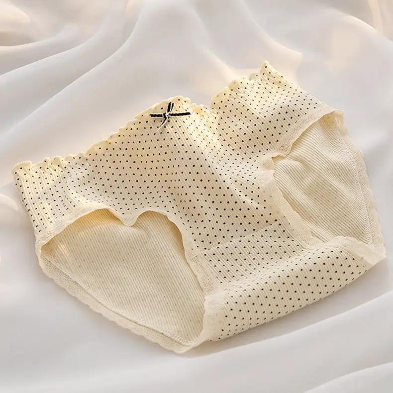 Simples Market women's cream cotton underwear briefs with dotted mesh fabric and scalloped edges