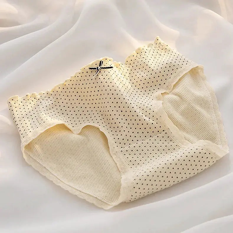 M-XL women's cotton underwear, cream dotted mid-waist briefs with lace trim and small bow