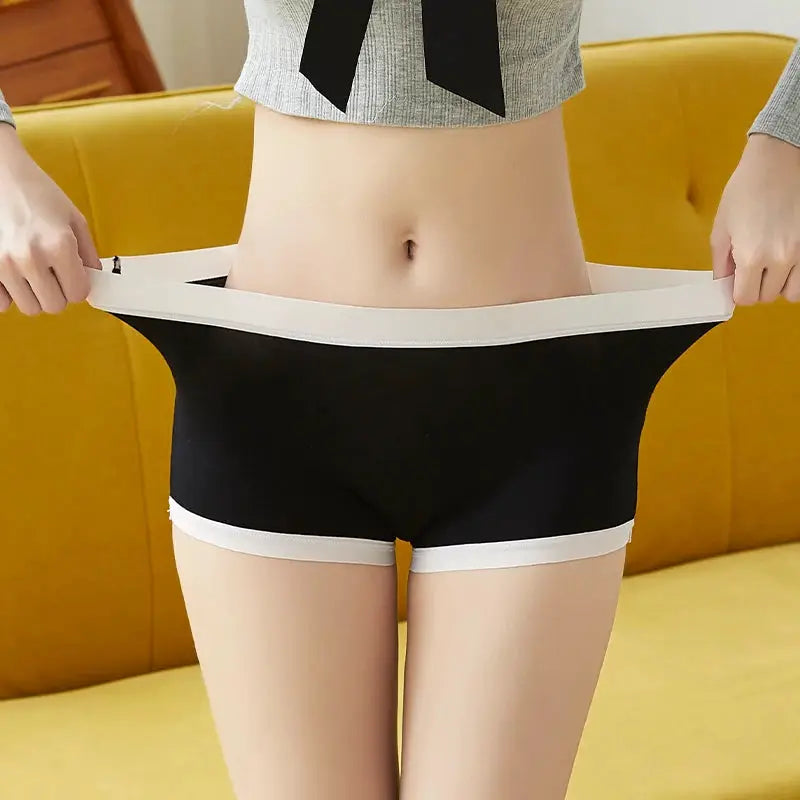 BANNIROU mid-rise seamless women's boyshort panties in black with white waistband.