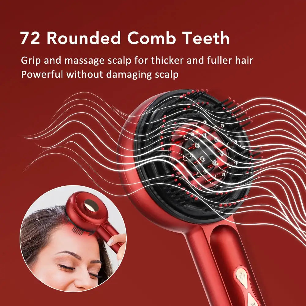 Red electric head massager hair growth comb with 72 rounded teeth for scalp massage
