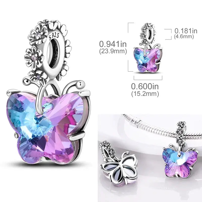 925 Sterling Silver Charms Bead Pink Butterfly Luminous Firefly Dangle Fit Bangle Bracelet Necklace DIY Jewelry