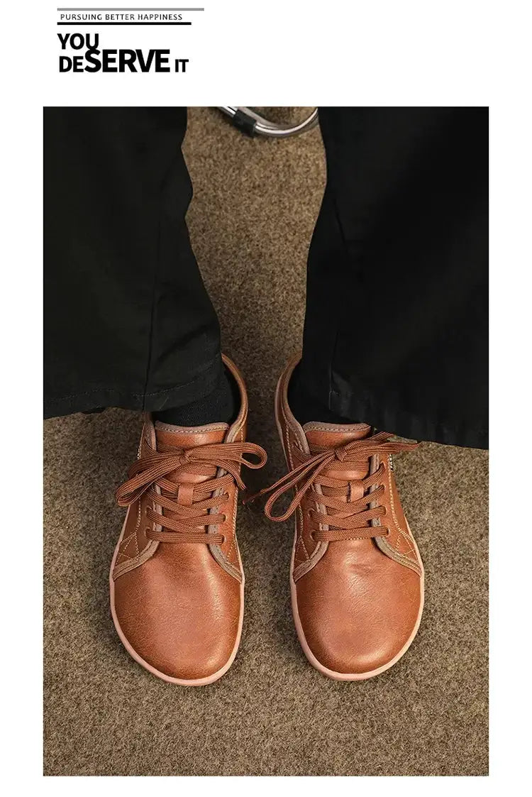 Brown leather lace-up walking shoes, unisex pair with light beige sole