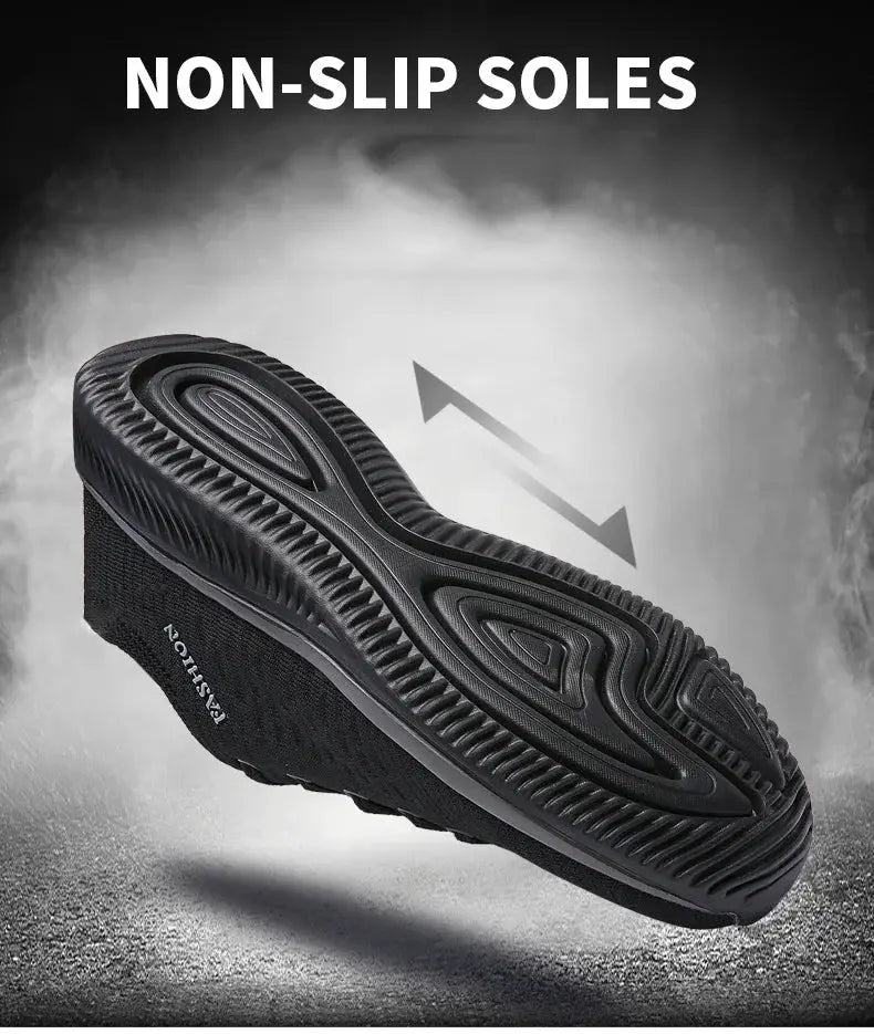 Men's black knit running shoes with breathable upper and non-slip sole