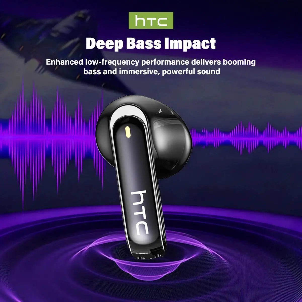 HTC NE70 wireless earbuds in black with glossy finish