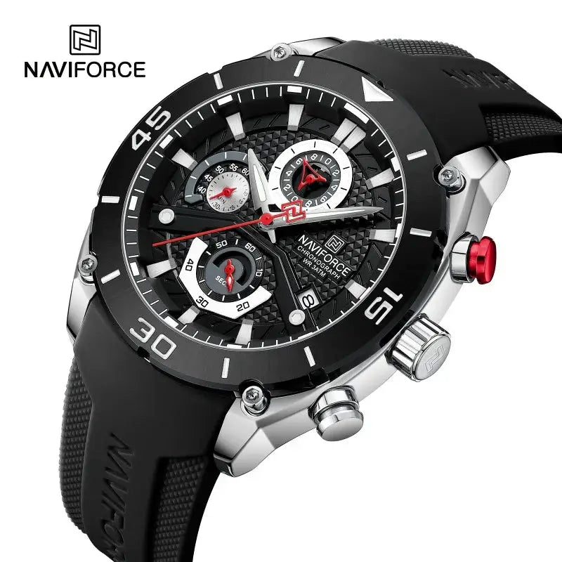 NAVIFORCE sport watch for men, black chronograph wristwatch with red crown and silicone strap