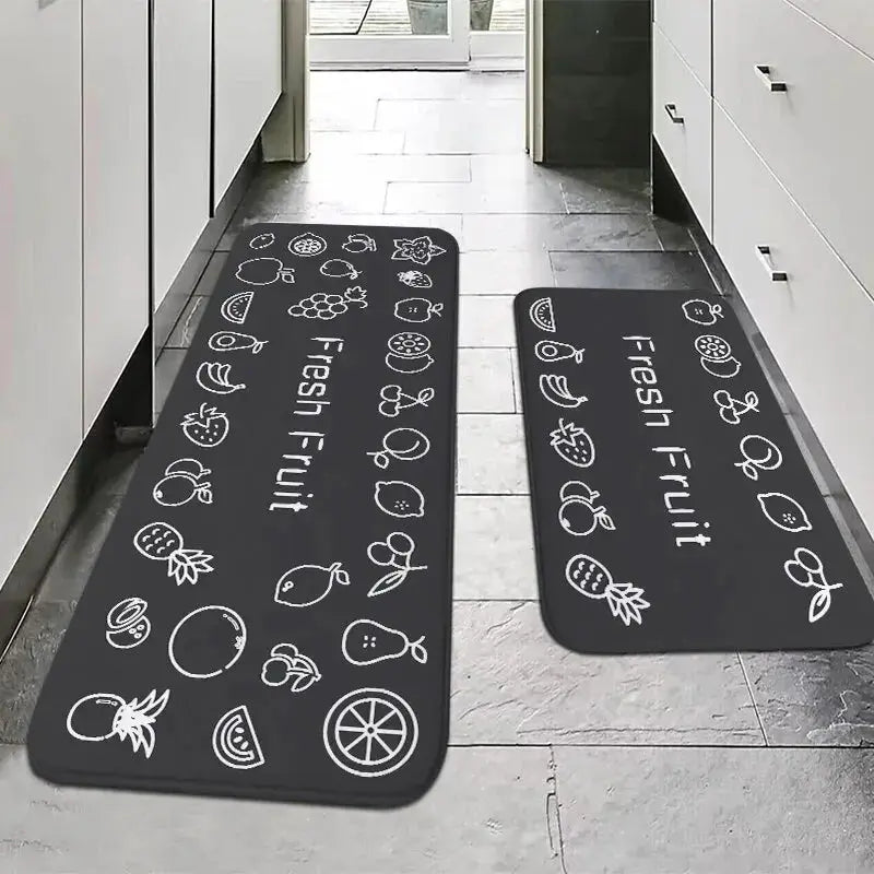 Simples Market 2-piece Fresh Fruit kitchen mats; dark gray with white fruit outlines; anti-slip, moisture-absorbent