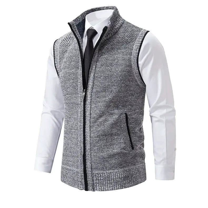 Men's Simples Market knit sleeveless vest with stand collar, gray marled, zip front.