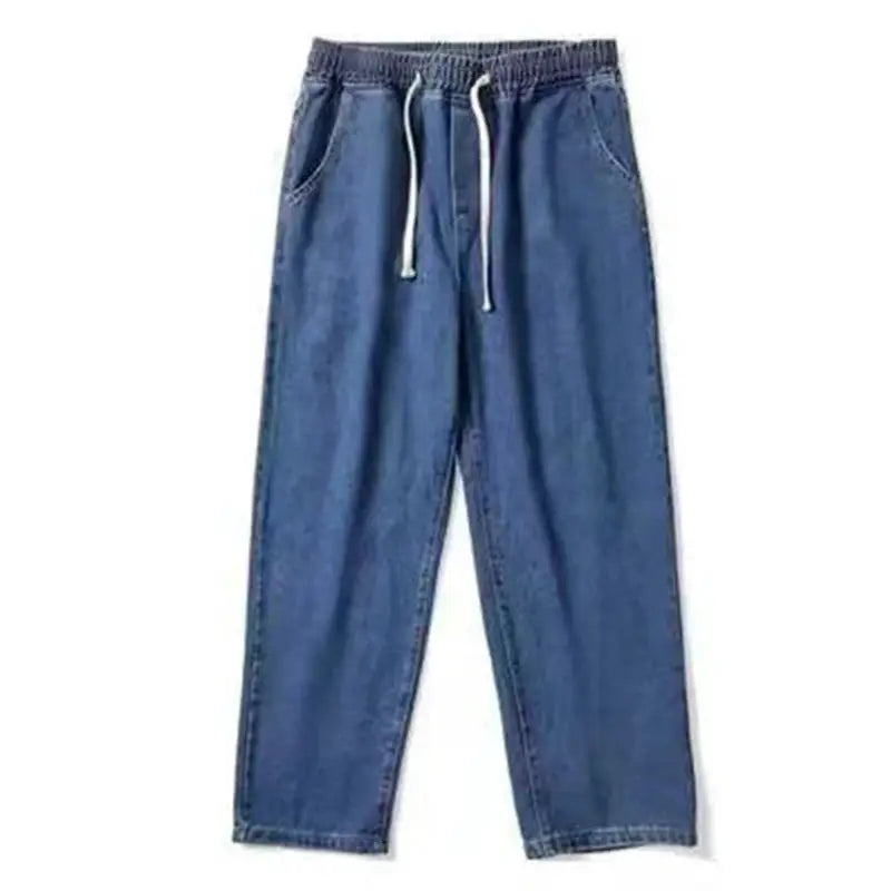 Simples Market blue denim pants for men, loose straight wide-leg with drawstring waist