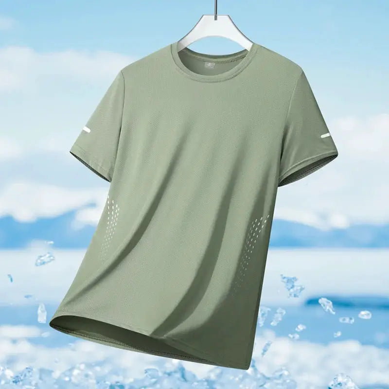 Men's running T-shirt, sage green ice-silk quick-dry, short sleeve with reflective accents, size 5XL