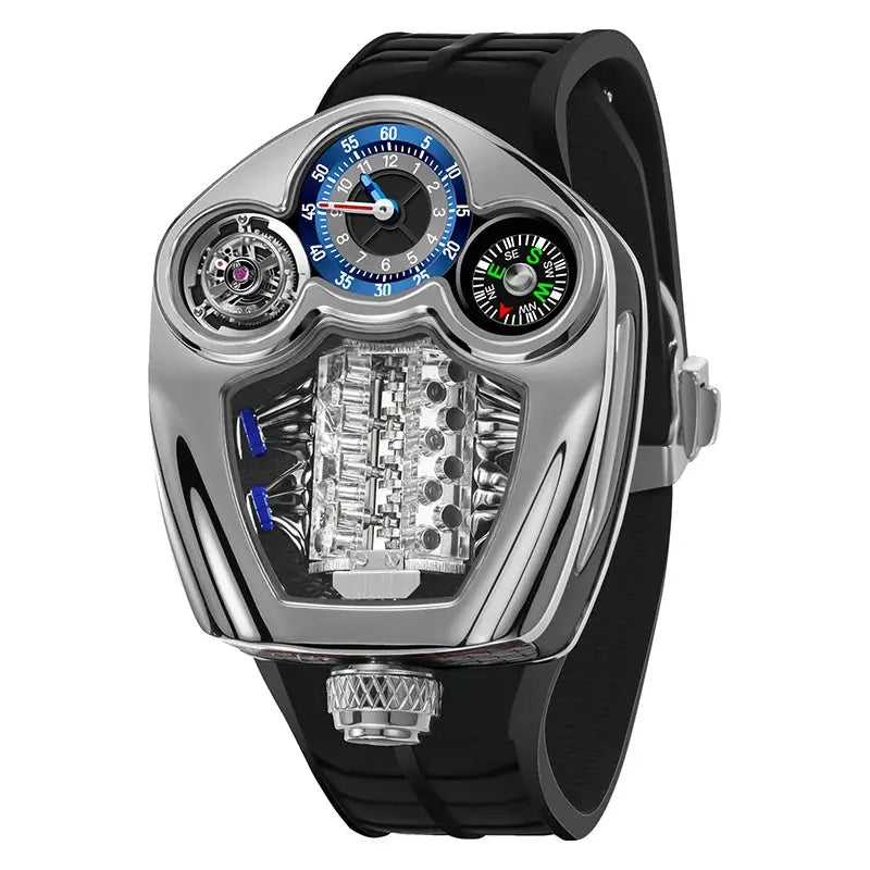 PINDU Design men's watch with compass and blue accents, silver case, silicone strap