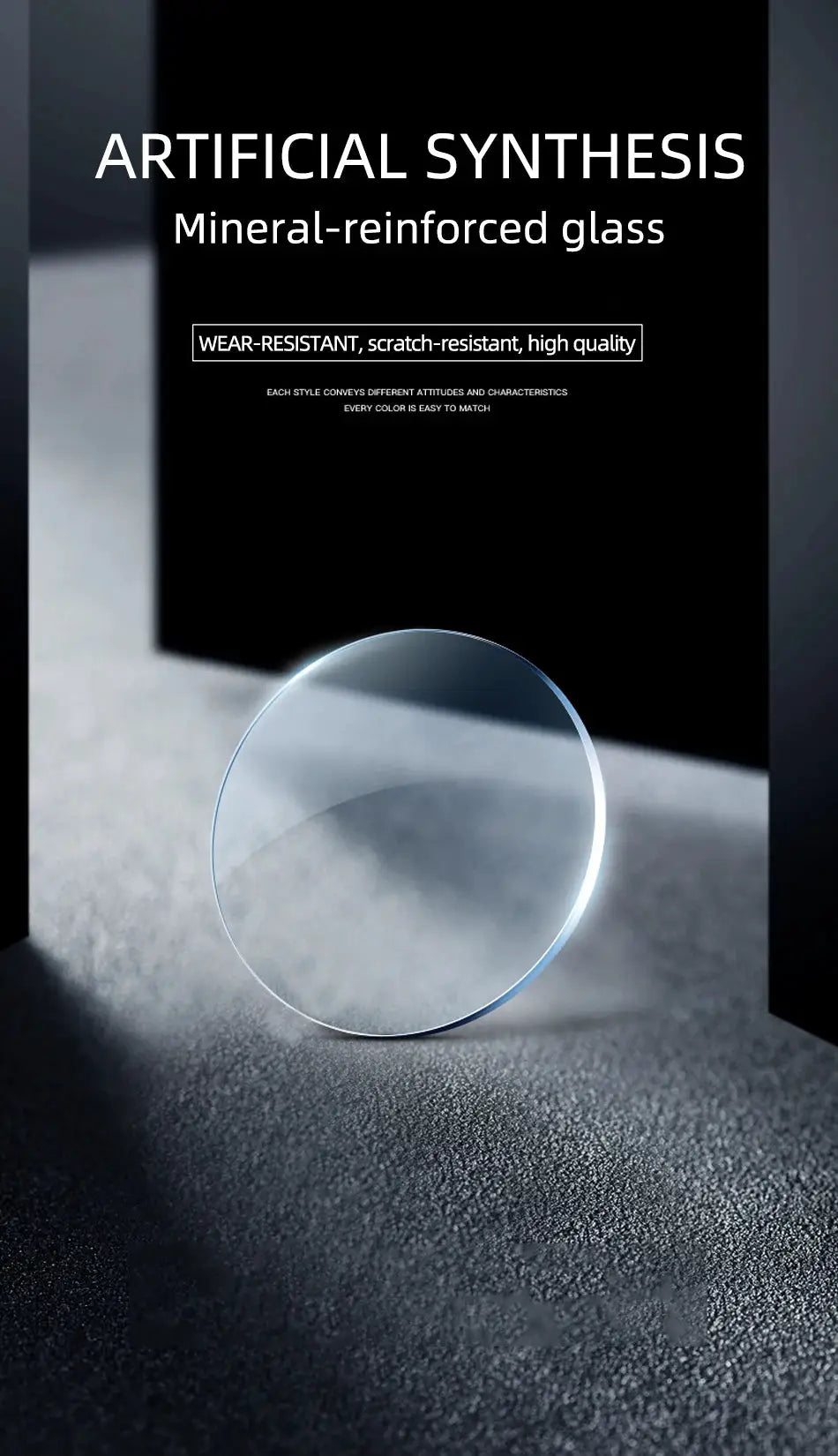 Clear circular watch crystal resting on a textured surface with a black backdrop and white text about mineral-reinforced glass.