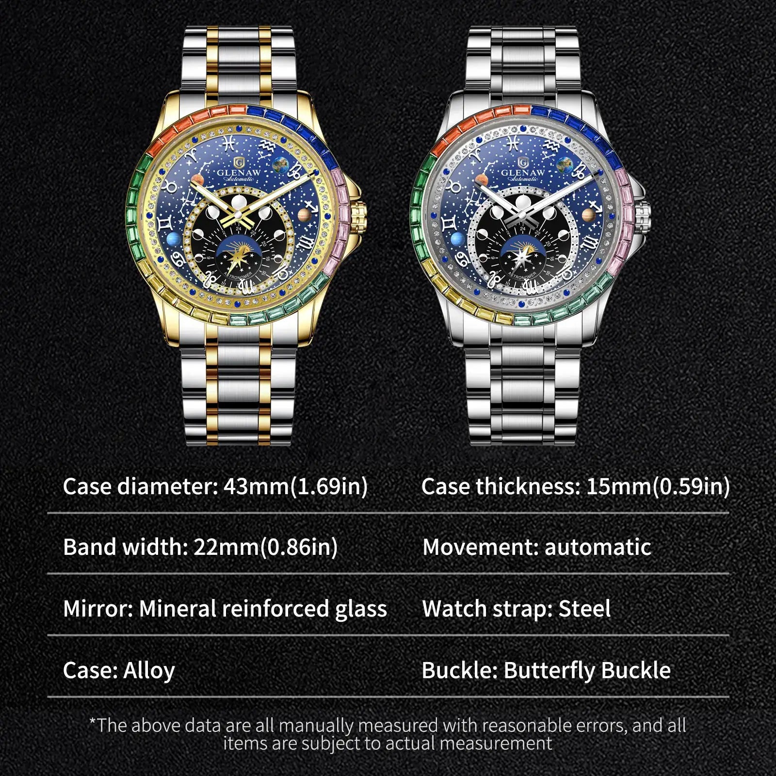 GLENAW Rainbow Circle mechanical watch for men with constellation and rainbow bezel; two watches in gold-tone and steel