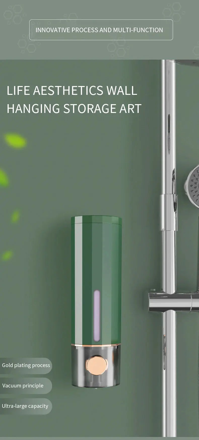 Wall-mounted green manual soap dispenser with gold metallic base and purple fill window for bathroom use