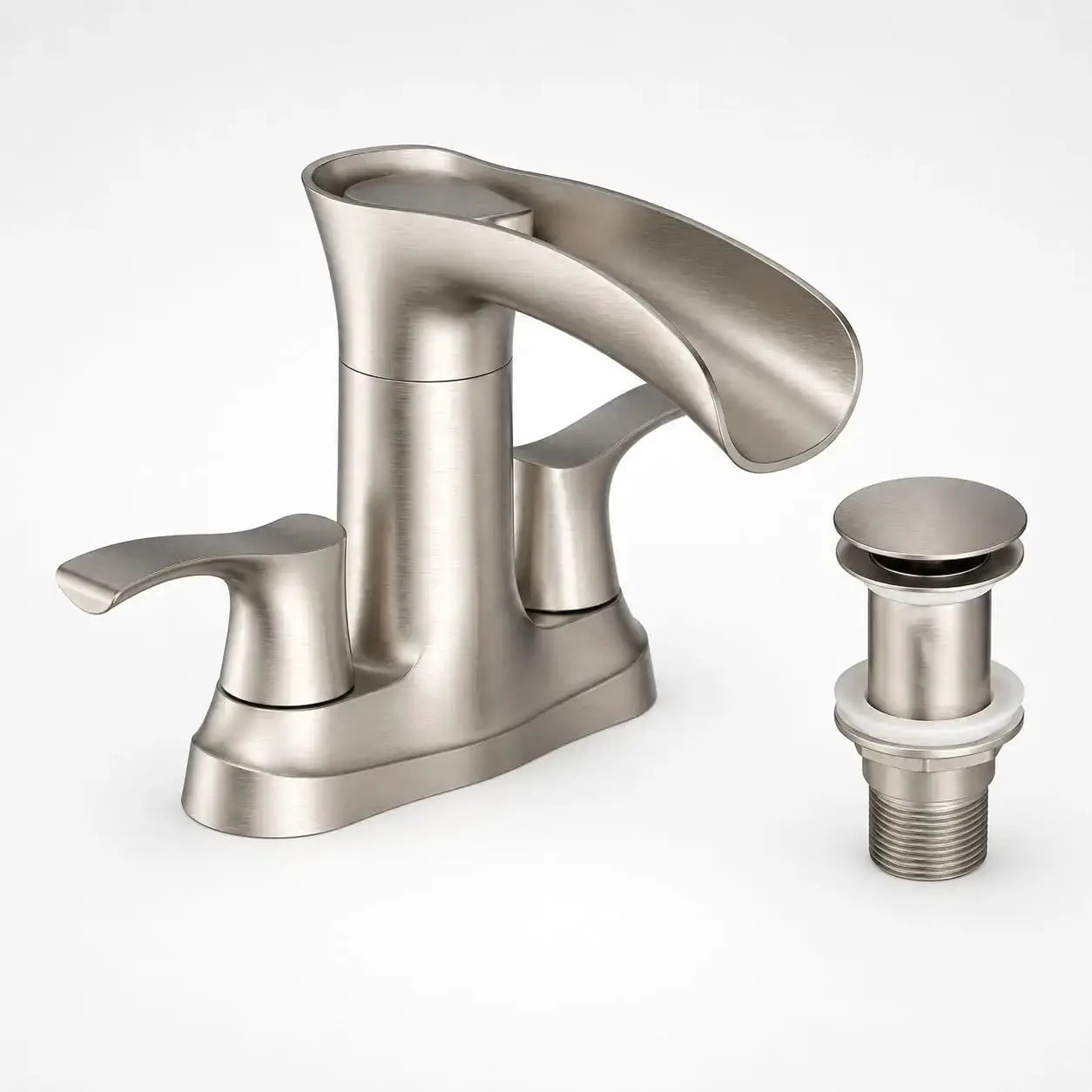 Simples Market brushed nickel modern waterfall bathroom faucet and pop-up drain, 2-piece deck-mount set