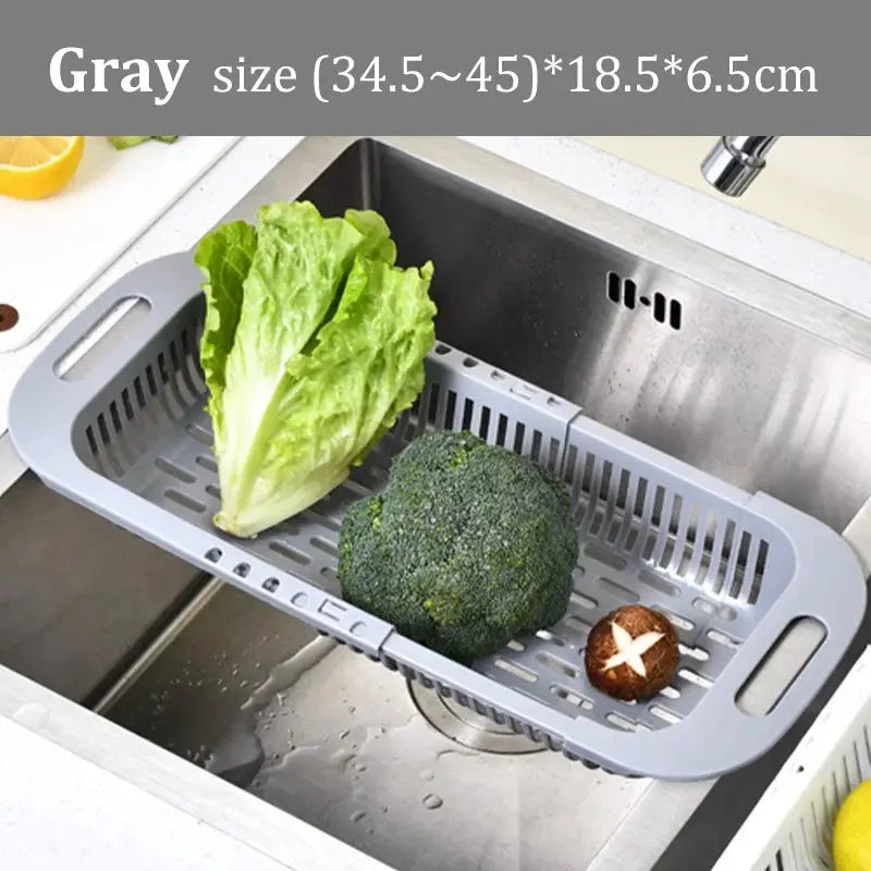 Simples Market gray kitchen sink drain rack, adjustable vegetable basket over sink with lettuce and broccoli