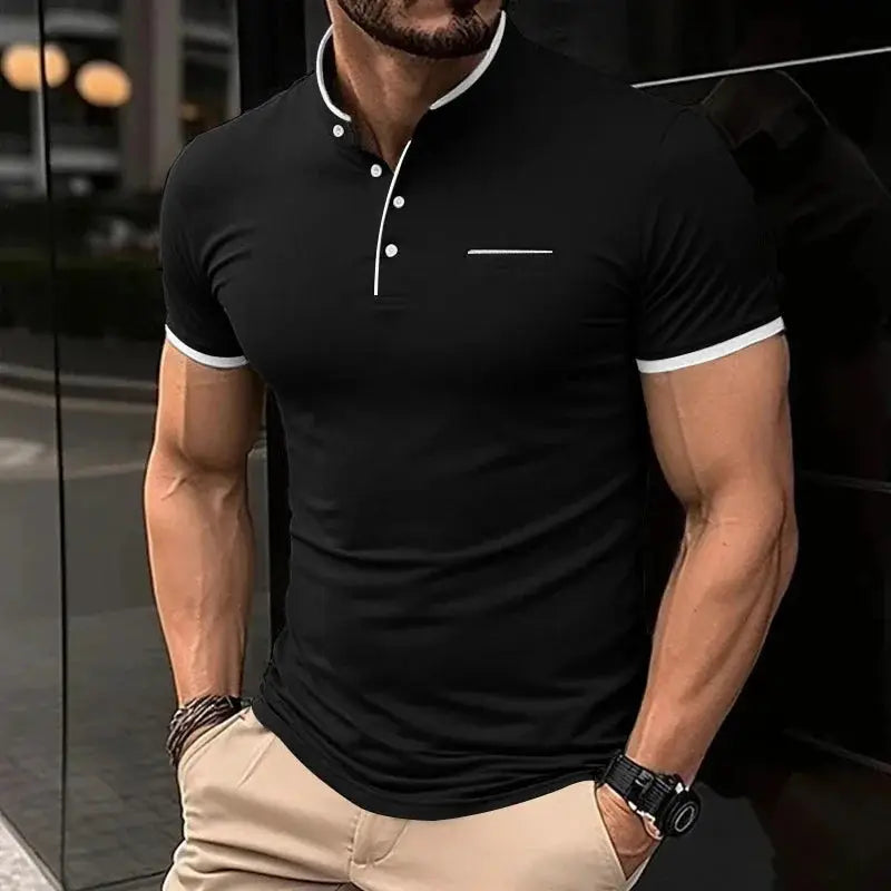 Men's black polo shirt with white stand-up collar trim and chest pocket, short sleeves