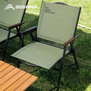 Two BISINNA outdoor folding camping chairs with olive-green fabric and wooden armrests