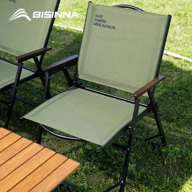 Two BISINNA outdoor folding camping chairs with olive-green fabric and wooden armrests