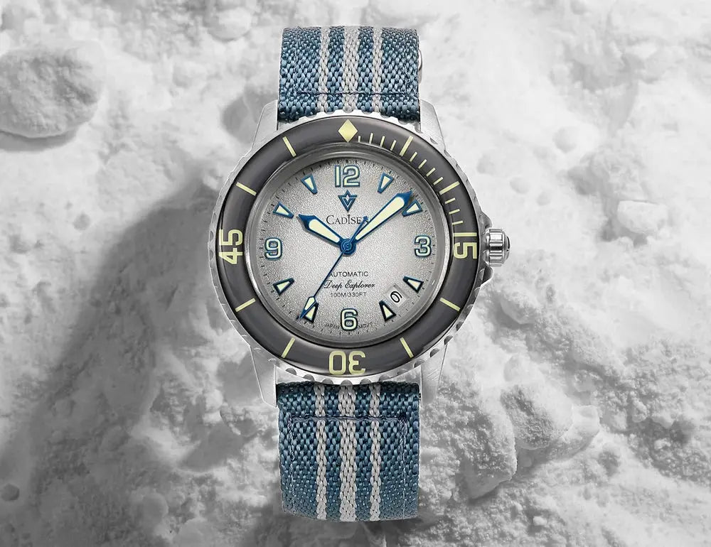 CADISEN Deep Explorer automatic wristwatch with blue striped canvas strap and luminous dial