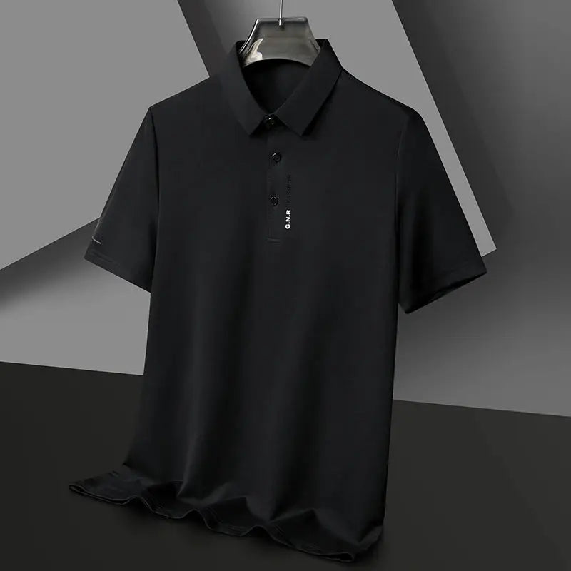 Men's black short-sleeve polo shirt, breathable solid-color fabric for casual business style