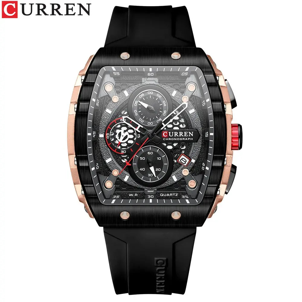 Curren Luxury Square Quartz Wristwatch For Men Water Resistant Luminous Chronograph With Date Alloy Case Silicone Strap