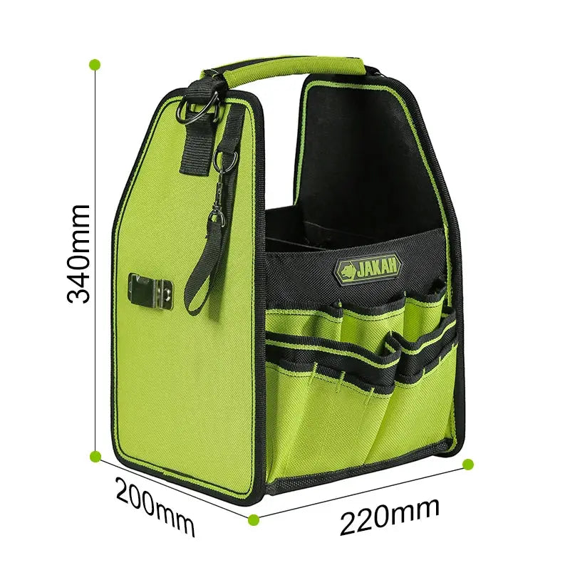 Tool tote with handle, black/green, 35 pockets and loops, water-resistant; JAKAH logo