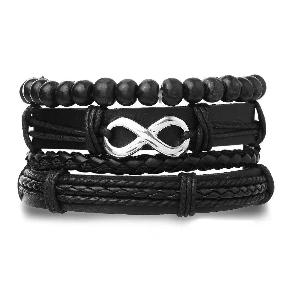 4 Piece Set Braided Leather Wrap Bracelets For Men Vintage Life Tree Rudder Charm Wood Beads Ethnic Tribal Wristbands