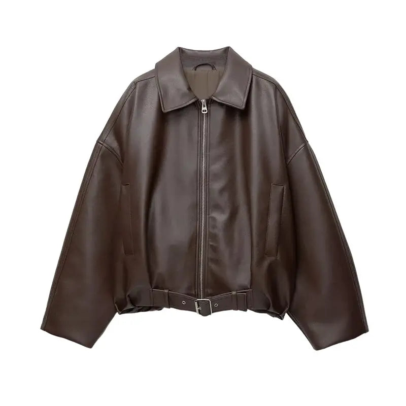 LuxeWear Vintage Womens PU Leather Bomber Jacket With Zipper Closure And Belted Lapel For Stylish Autumn Streetwear