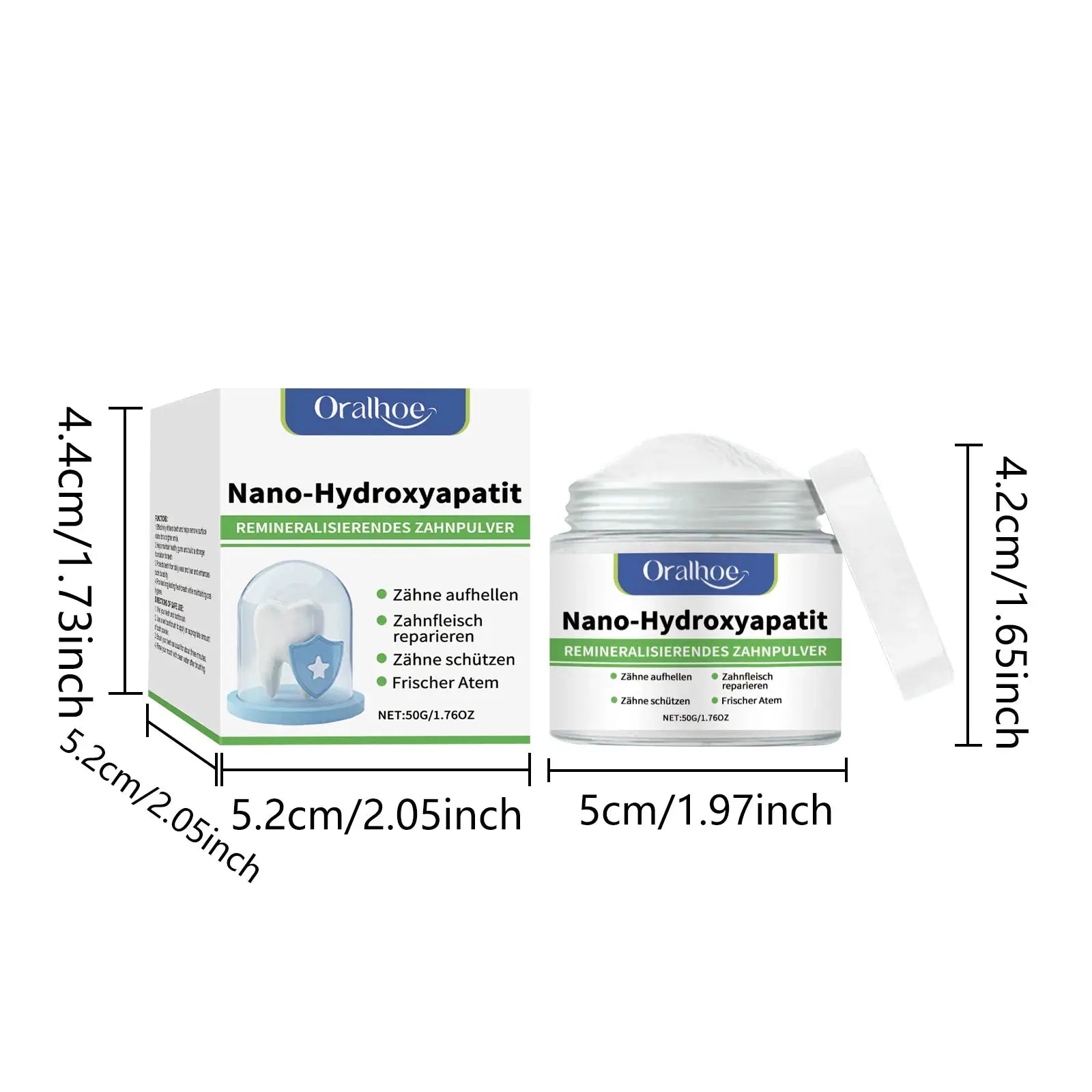 Nano-Hydroxyapatite tooth whitening powder; Oralhoe brand, box and jar set
