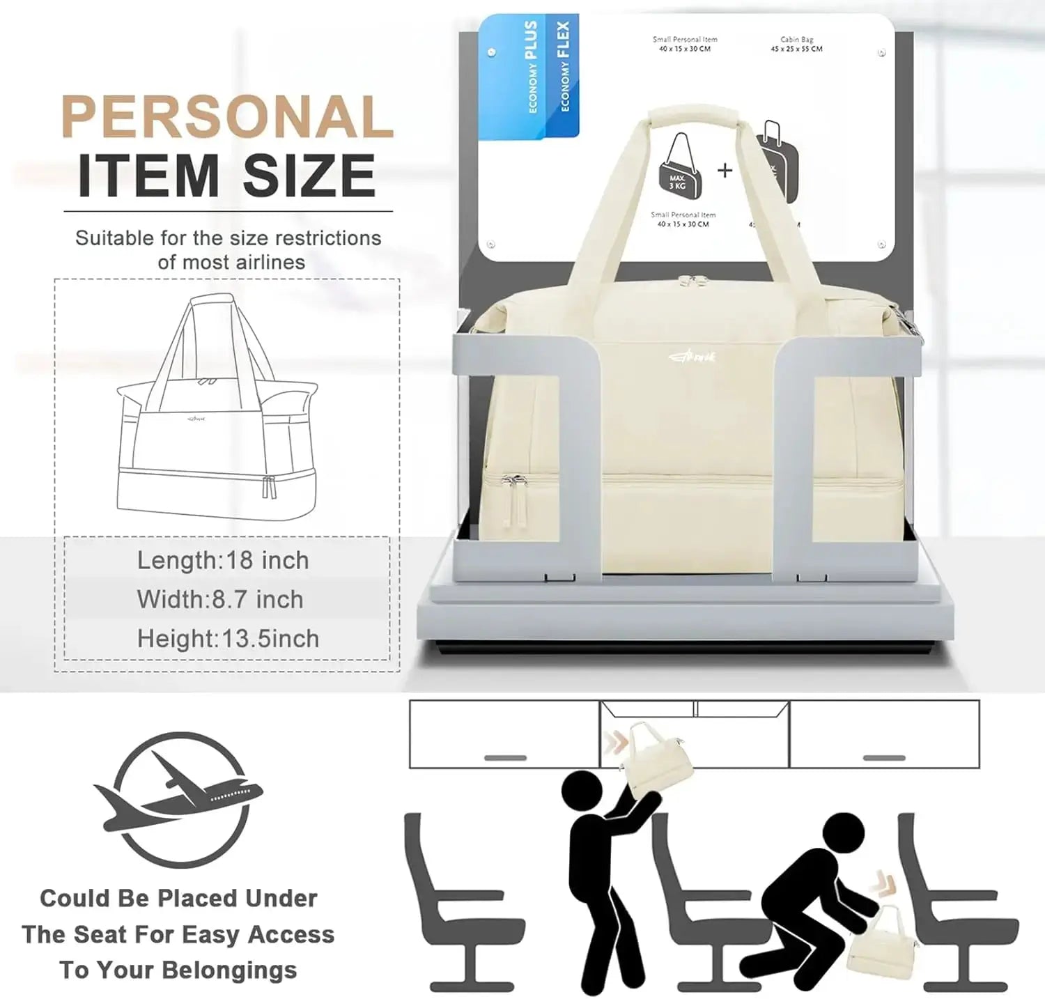 Women's gym bag by Simples Market in beige with shoe compartment and wet pocket, personal item carry-on size