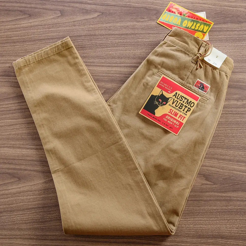 Men's tan cotton twill chinos, straight fit, washed casual trousers
